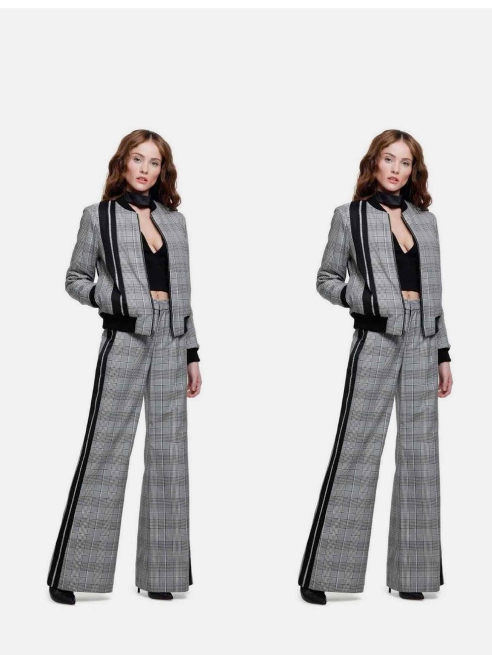 Alice + Olivia Checked Wide-Leg Trouser with Sporty Double Side Stripes
